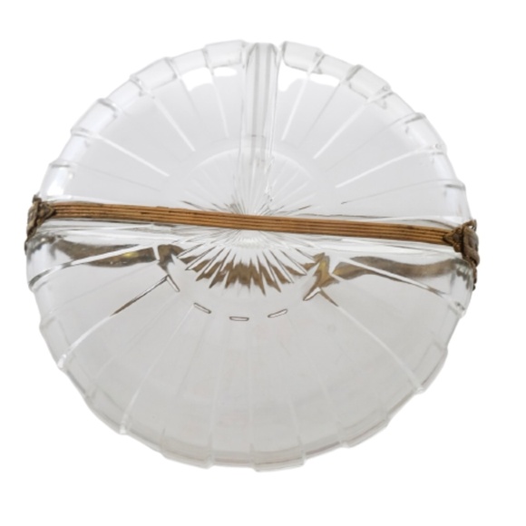 VINTAGE DEPRESSION GLASS~ORNATE BRASS BANDED ~THREE COMPARTMENT RELISH DISH~6.4" - Picture 7 of 8